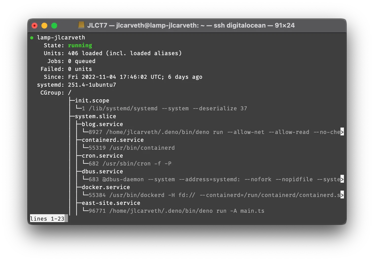 A computer terminal showing output of Systemd